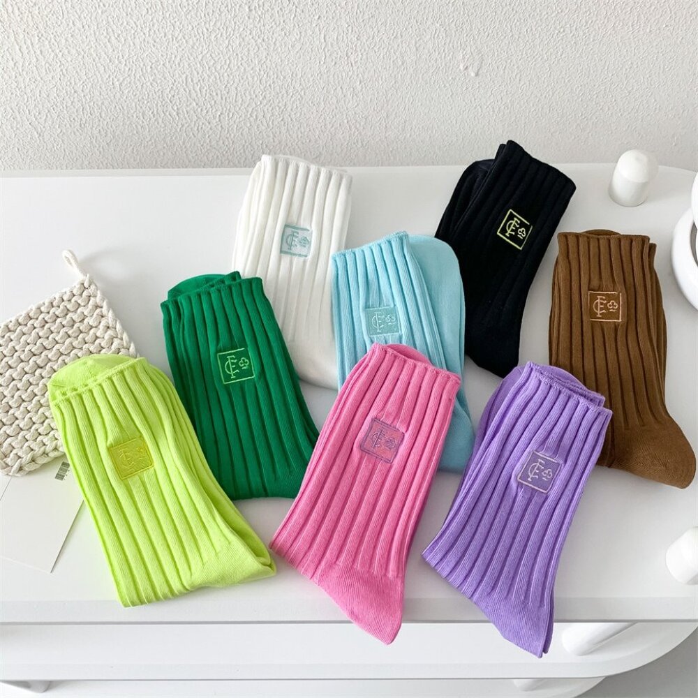4 pairs colorful socks, green, pink, purple and white